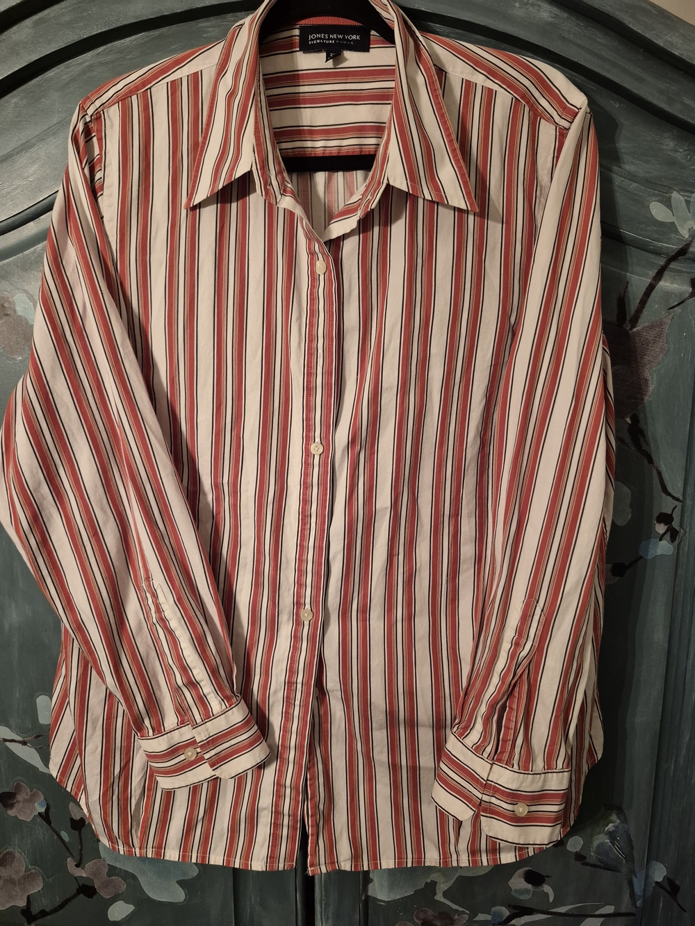Jones New York Cream Blouse with Red and Black Stripes